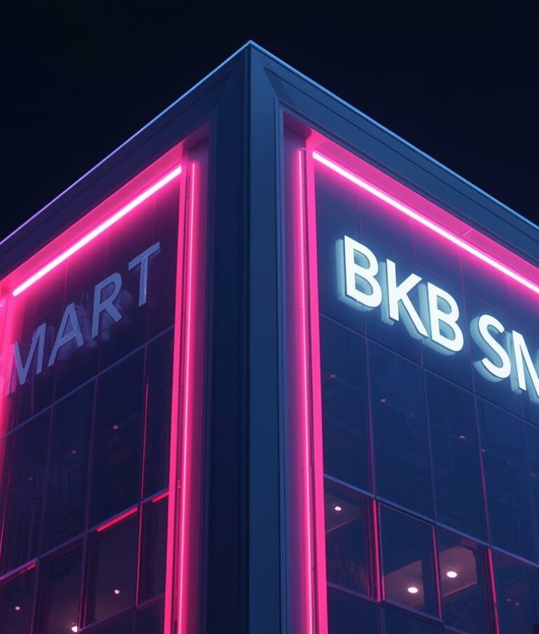 Crée une image moderne et futuriste d’un smart building (bâtiment intelligent) avec des lumières LED et une ambiance technologique. Intègre le texte “BKB SMART” de manière élégante et lisible, sans encombr