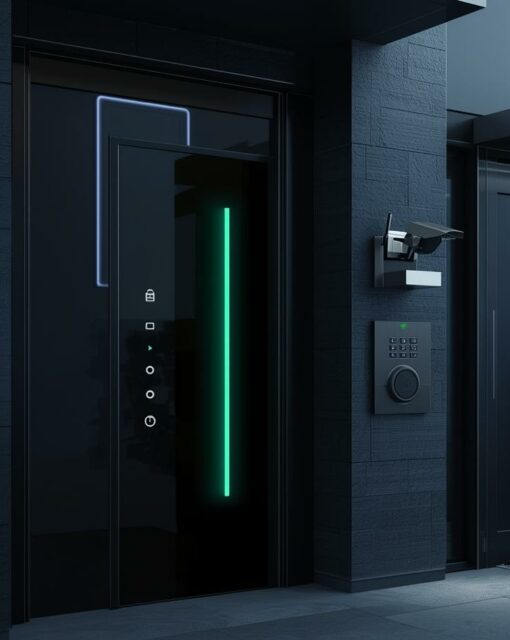 Crée une image moderne et professionnelle illustrant la sécurité des bâtiments et maisons connectées, avec caméras de surveillance, alarmes, portes intelligentes et systèmes de contrôle d’accès. Style high