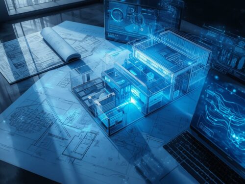 Illustration de la conception d’un projet domotique, avec plans architecturaux, modélisation 3D, écrans techniques et interfaces numériques, flux lumineux bleus, ambiance futuriste, style réaliste et premi