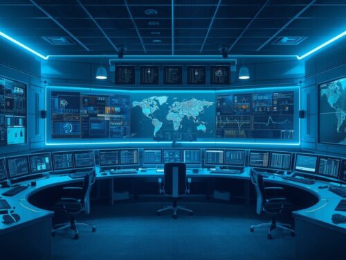 Illustration de suivi et accompagnement de systèmes connectés, écrans de supervision, tableaux de contrôle, monitoring à distance, interfaces intelligentes, ambiance rassurante et high-tech, couleurs bleu