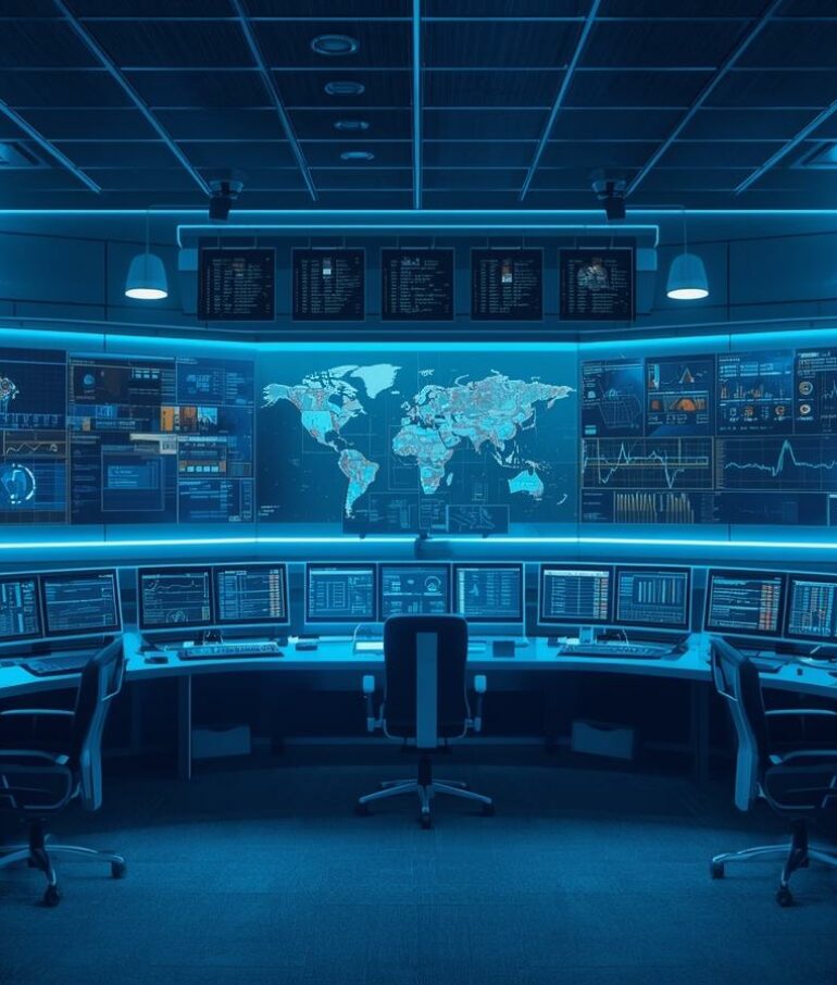 Illustration de suivi et accompagnement de systèmes connectés, écrans de supervision, tableaux de contrôle, monitoring à distance, interfaces intelligentes, ambiance rassurante et high-tech, couleurs bleu