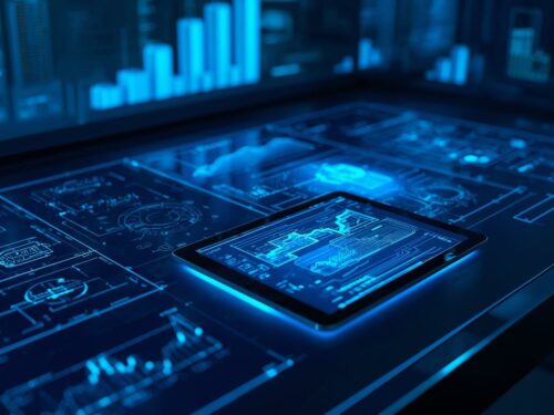 Image moderne illustrant l’analyse et le conseil en bâtiment intelligent, avec plans techniques, schémas numériques, tablette affichant des données, lignes lumineuses bleues, ambiance technologique et prof