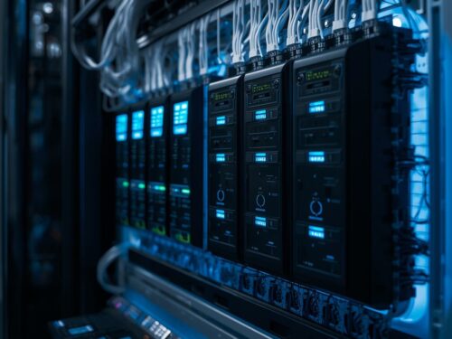 Image réaliste d’installation et paramétrage de solutions domotiques, équipements connectés, câblage propre, tableaux électriques modernes, éclairage LED bleu, ambiance technologique professionnelle, style