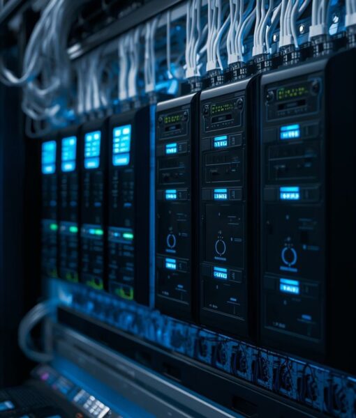 Image réaliste d’installation et paramétrage de solutions domotiques, équipements connectés, câblage propre, tableaux électriques modernes, éclairage LED bleu, ambiance technologique professionnelle, style